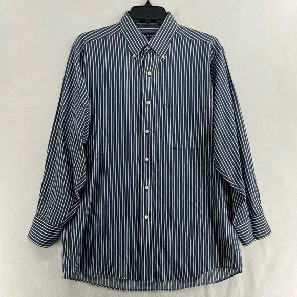 Chaps Button-Down Shirt Mens Sz Medium 15-15.5 Blue Striped Collared Long Sleeve - Picture 1 of 12